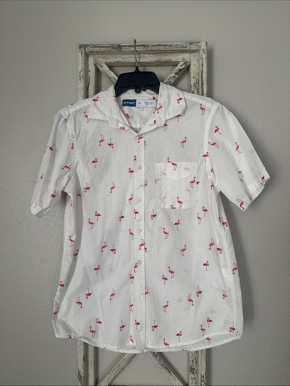 Old Navy White Short-Sleeve Button-Up Shirt with Pink Flamingo Print